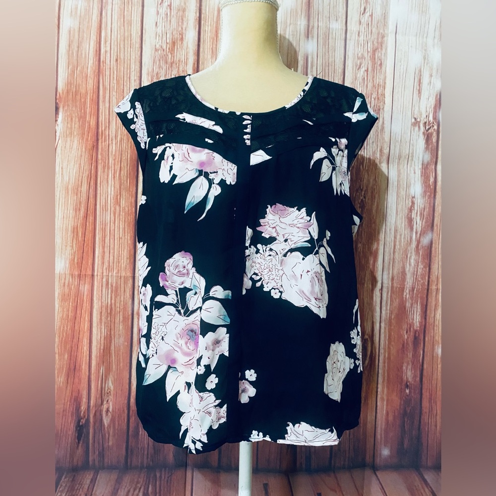 Women’s XL Blouse Candies Floral Cap Sleeves Lace Bust Semi Sheer Silky